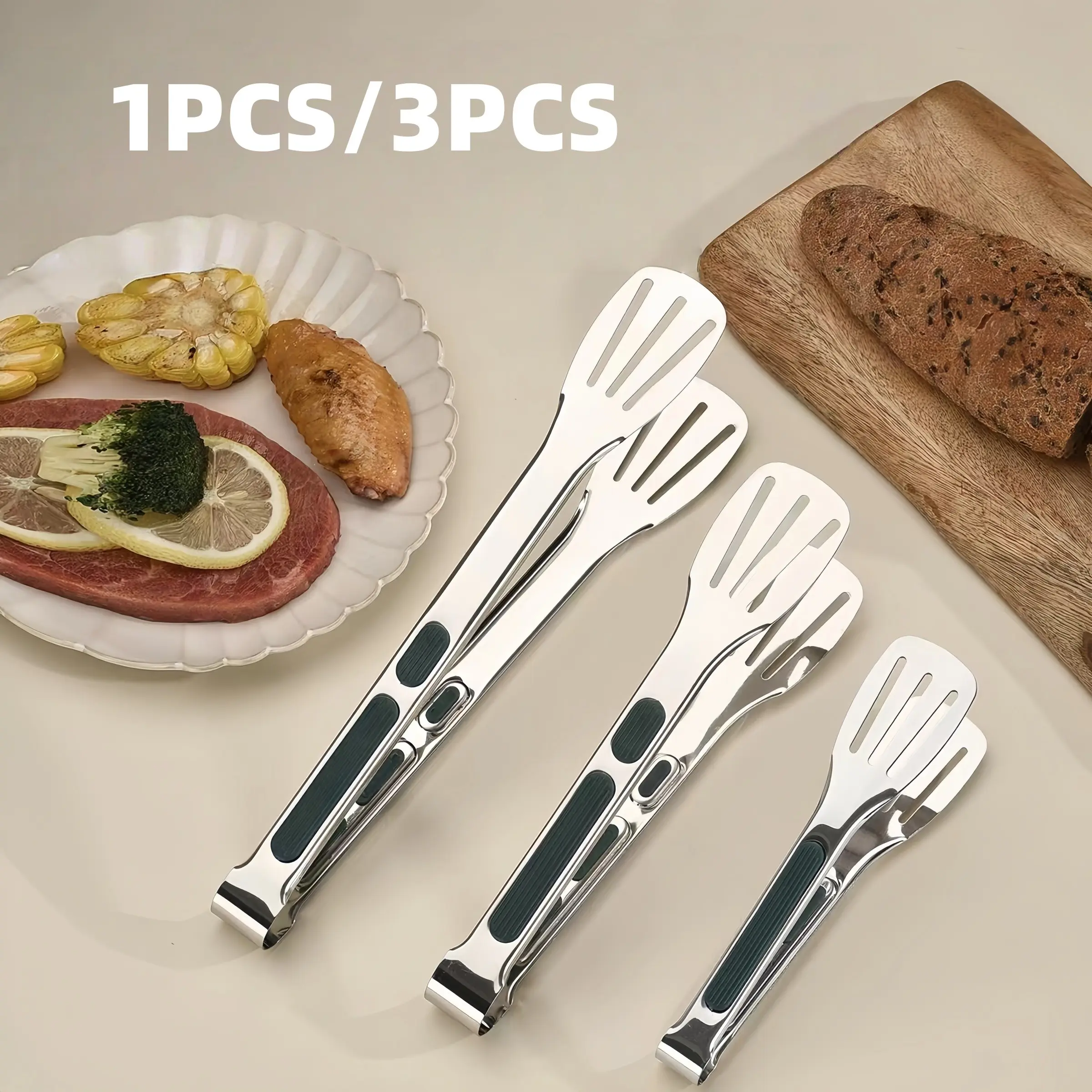 Stainless Steel Cooking Tongs, Heat-Resistant Silicone Handle, High-Temperature Pizza Steak Tongs, Non-Slip BBQ Tongs, Multi-Use Kitchen Tool, Barbecue Utensils