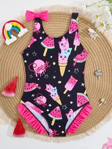 Girl's Cartoon Ice Cream Print One-Pieces, Casual Cute One-piece Swimsuit, Swimsuit Style, Kids Swimwear for Beach Holiday Vacation, Swimwear Bathing Suits