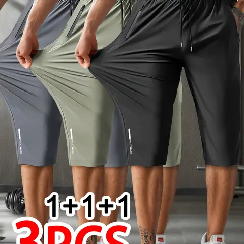 Men’s 3-Pack Woven Nylon Blend Knee-Length Long Shorts, High Elasticity Waist, Regular Fit, Solid Color, Drawstring Closure, Zip Pockets, Breathable Lightweight, Suitable for Sports & Daily Wear, Alternative to Elastic Waist Pants