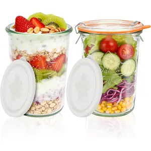 Canning Jars 27 oz, 800ML 2 Pack Sourdough Starter Jar with 4  (2 Glass Sealing  and 2 Plastic ), Wide Mouth Thicken Glass Jars Airtight for Fermenting, Overnight Oats, Salad,  Storage