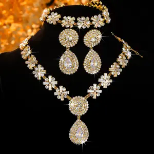 Luxury Bridal CZ Jewelry Set 18K Gold Plated Teardrop Rhinestone Necklace Earrings Bracelet For Wedding Prom,summervibes