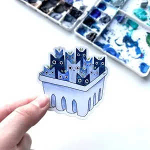 Blueberry Cats Watercolor Sticker | Weatherproof Vinyl Cat Fruit Animal Art | Feline Multiple Cats Sticker | Blueberry Fruit Blue Cat Gift, Laptop Water Bottle Decal Sticker