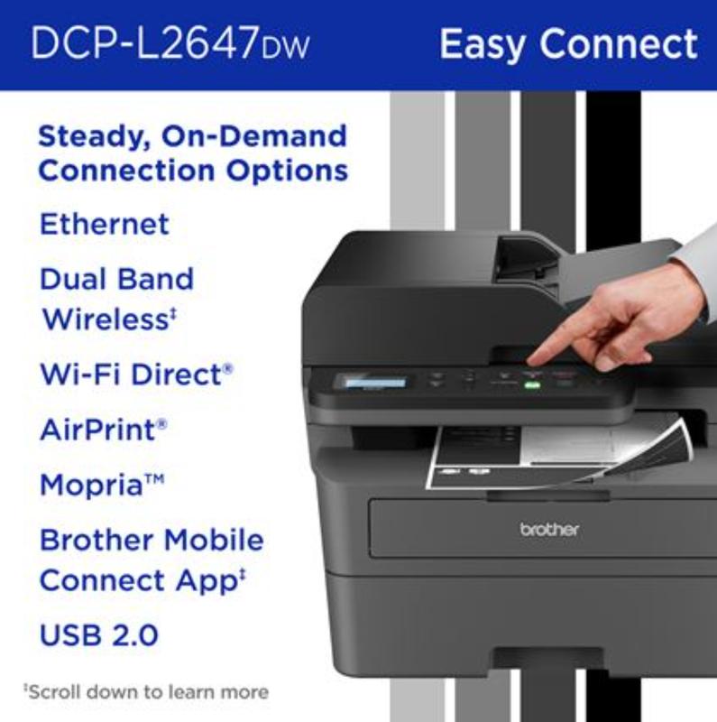 Brother DCP-L2647DW Wireless Compact Monochrome Multi-Function Laser Printer with Print Copy Scan Duplex Mobile Printing 1200 Black Pages Yield