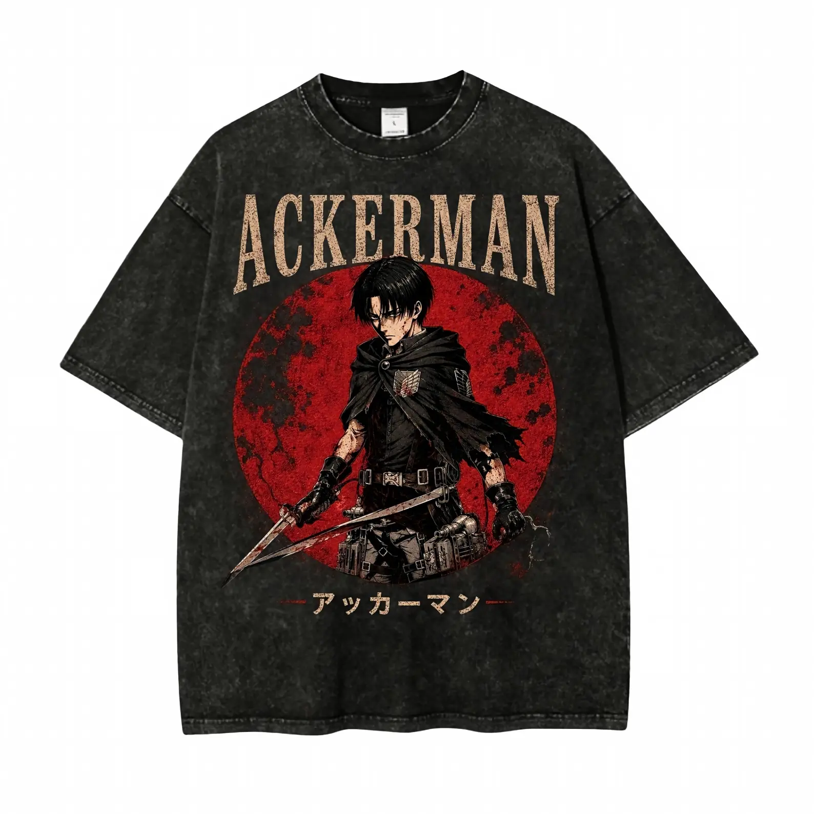 ST 100% Cotton Attack on Titan Levi Ackerman Washed Anime T-Shirt, Survey Corps Streetwear Tee,Black Distressed Washed Dark Grunge Titan Slayer Streetwear Shirt Otaku Anime Merch,casual streetwear top