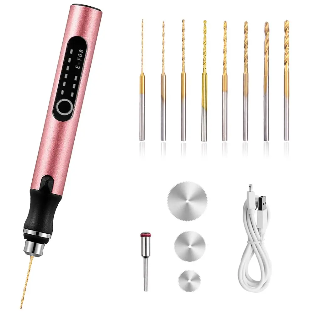 3-speed Cordless Mini Drill Pen With 8 Small Bits Rechargeable Electric Hand Pin Vise Set For Making Plastic Wood Keychains Diy (pink)