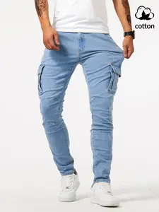 Men's Washed Cotton Jeans, Elastic Denim Jeans, Multi-Pocket Workwear, Casual Slim Fit Side Pockets, All Seasons, Trendy Skinny Leg, Streetwear, Denim Skinnies