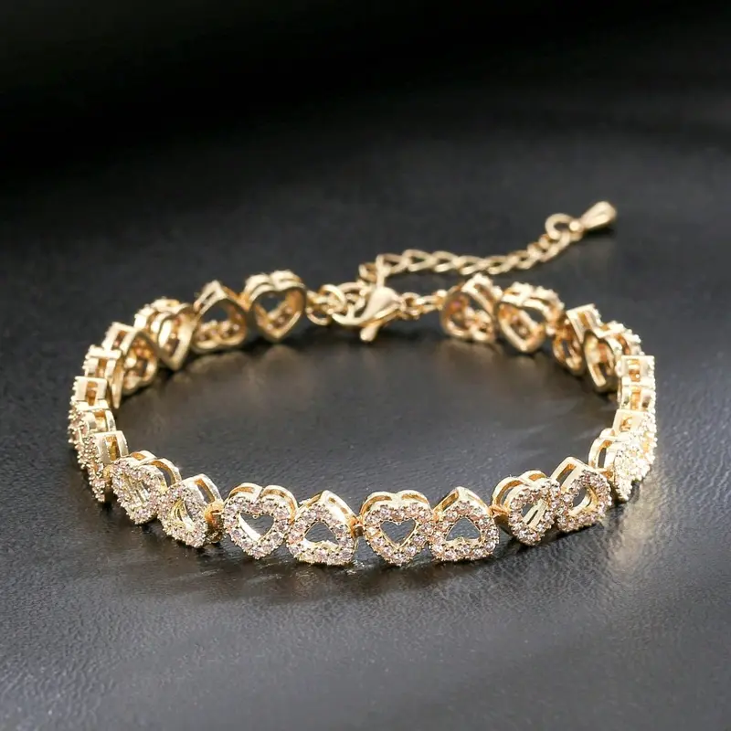 Luxury Gold Heart Rhinestone Bracelet for Women, Sparkling Crystal Hollow Heart Link Chain Bracelet, Adjustable Bangle, Heart Bracelets, Elegant Jewelry Bracelet, Minimalist Jewelry Gift for Girlfriend, Wife, Birthday, Valentine's Day