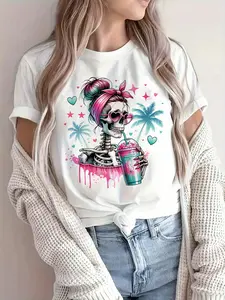 Women's Skull Print Crew Neck T-Shirt, Comfortable Short Sleeve Casual Top for Summer and Spring, Fashionable Streetwear Graphic Tee, Soft Breathable Fabric, Perfect for Daily Wear, Party, and Vacation