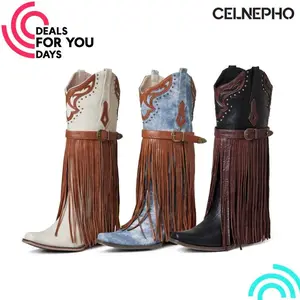 CELNEPHO Women Cowboy Boots Pointd Toe Fringe Boots Rivets Western Embroidered Mid Calf Metalic Buckle Design Easy Pull on Tabs Horse Riding Spring Dress Shoes Deals For You Days
