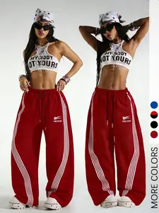 1 Pair Women‘s Red “THE STAR” Track Pants, Wide-Leg Athletic Style with White Side Stripes, Elastic Waist for Casual Wear, Gym and Yoga, Sport Pants, Casual Sports Trousers