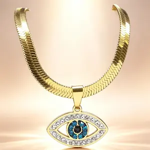 Evil Eye Pendant Necklace with Sparkly Blue & Clear Accents, Herringbone Chain, Golden/Silvery Tone, Perfect for Daily Wear, Boho & Statement Outfits,Compact and exquisite