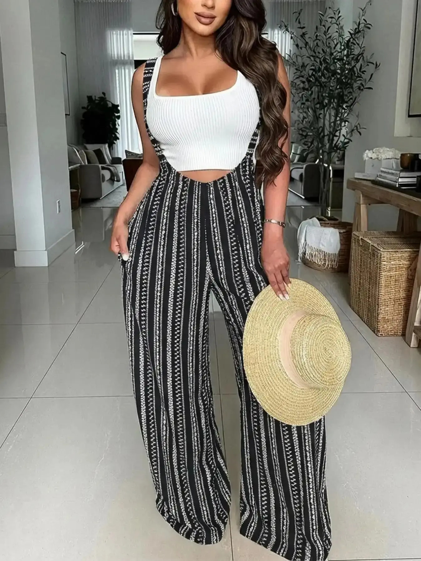 Summer Women's Solid Color/Geometric Print Fitted Suspender Pants, Casual Fashion Trousers, Wear, Comfortable and Stylish, Perfect for Beach, Travel & Vacation everyday wear street style comfy chic viral style