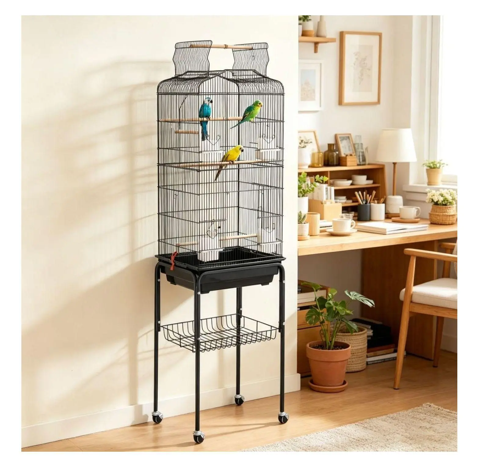 Parrot Cage with Stand, Large Bird Cage for Lovebirds, Parakeets - 17.99x13.98x59.45in, Rolling Cage with Feeders & Perches default title