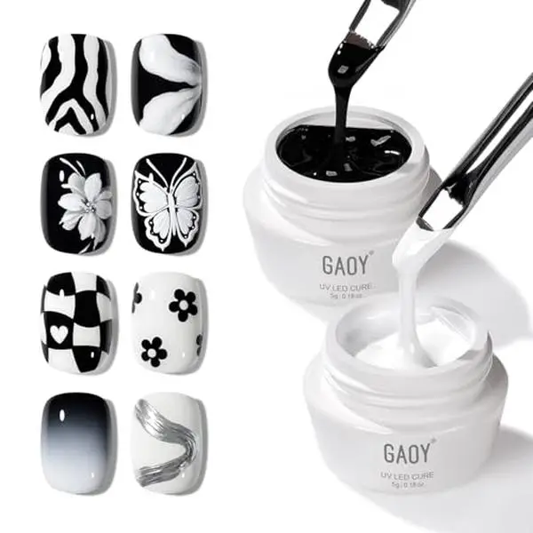 GAOY Black & White Painting Gel for Nail Art, No Wipe Creamy Gel for Lines, Floral Designs, Patterns or French Nail Salon and Home DIY, UV Light Cure