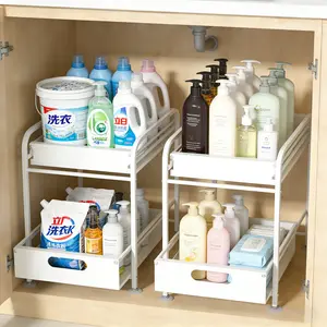 Large Double-Tier Pull-Out Cabinet Storage Rack Under-Sink Cabinet with Sliding Drawer Rails Kitchen Worktop Storage Basket Multi-Functional Pull-Out Storage Rack Suitable for Bathroom/Kitchen Double-Tier Design Black and White