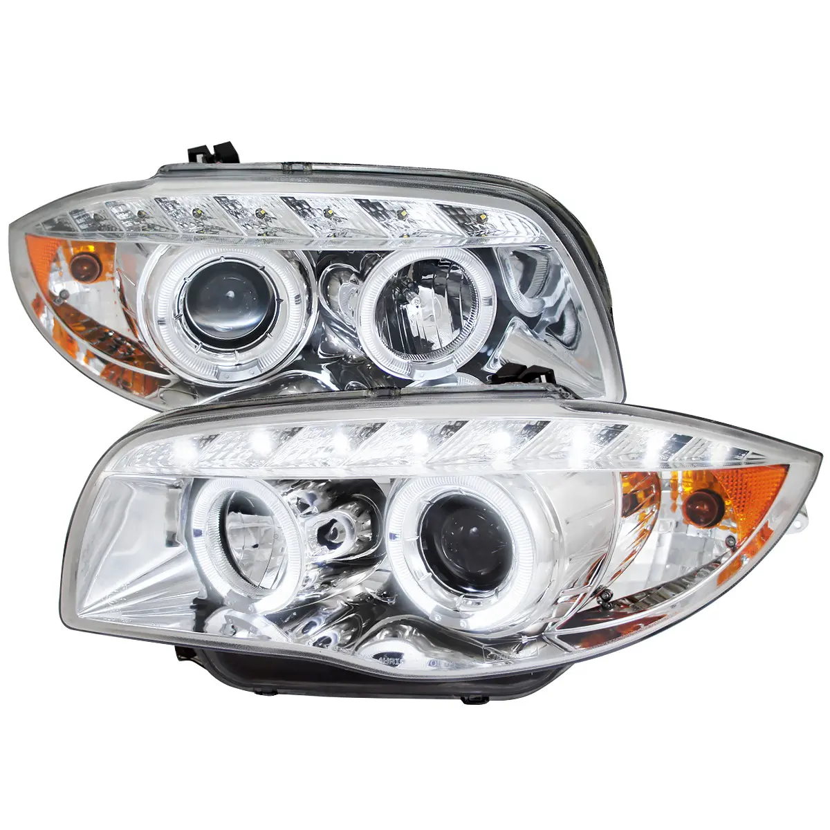 2004-2013 E81 E82 E87 E88 Dual Halo Projector Headlights w/ LED Light Strip (Chrome Housing/Clear Lens)