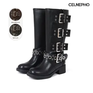 CELNEPHO Womens Combat Boots Round Toe Chunky Block Heel Mid Calf Motorcycle Knee High Boots Metal Buckle Rivets Design Vintage Fashion Riding Rocky Boots Retro Festival Party Concert Summer Festival Trendy Dress Shoes Deals For You Days