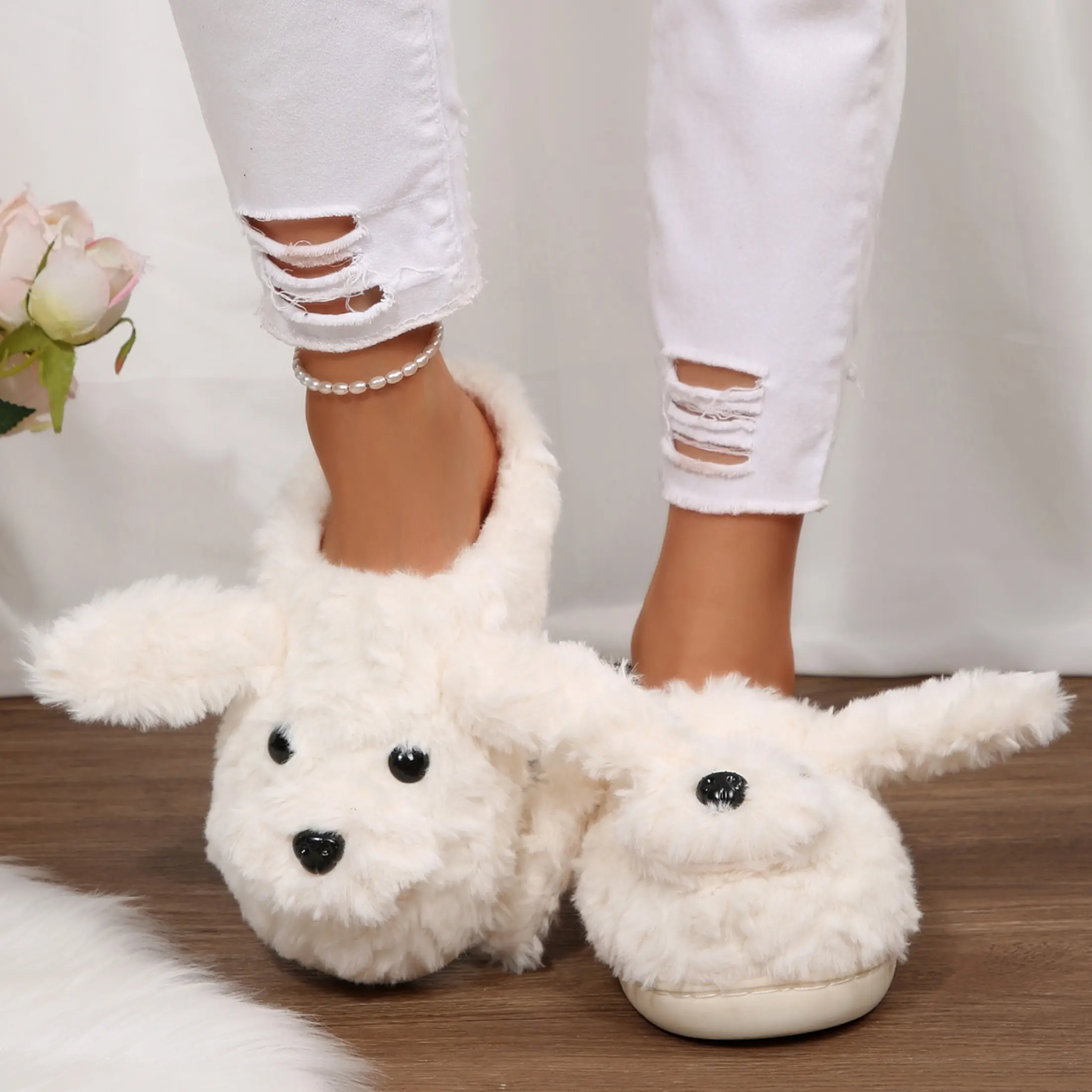 Women's Trendy Cartoon Puppy Slippers Fluffy Plush Warm Shoes, Cute Dog-Shaped Indoor Slippers Indoor Outdoor Shoes for Women