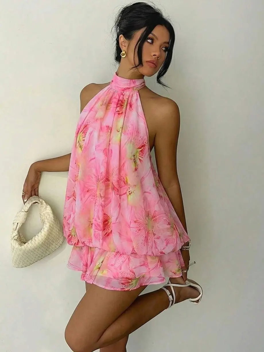 Women's Elegant Halter Tie Mini Dress,Beige Summer Party Dresses,Wedding Guest,,Night Out,Birthday,Sun Dress,Island Vacation Outfit