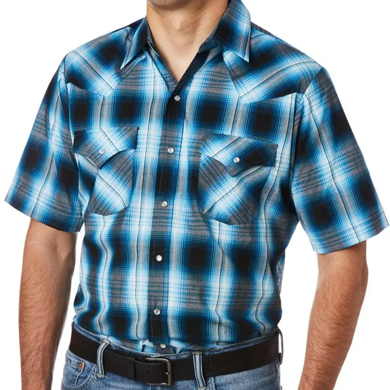 Men's Ely Cattleman Vintage Western Style Short-Sleeve Plaid Snap Button Down Shirt - Cotton-Polyester Blend Fabric, Cuffed Sleeves, Pearlized Snaps, Functional Pocket, V-Neck, Easy-Care Casual Top, Vintage Western Style Men's Casual Shirts