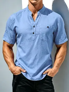 Men's Stand Collar Pocket Short Sleeve Shirt, Half Button Front, Casual Summer Top, Quick-Dry Breathable Fabric, Comfortable Fit, Ideal for Warm Weather
