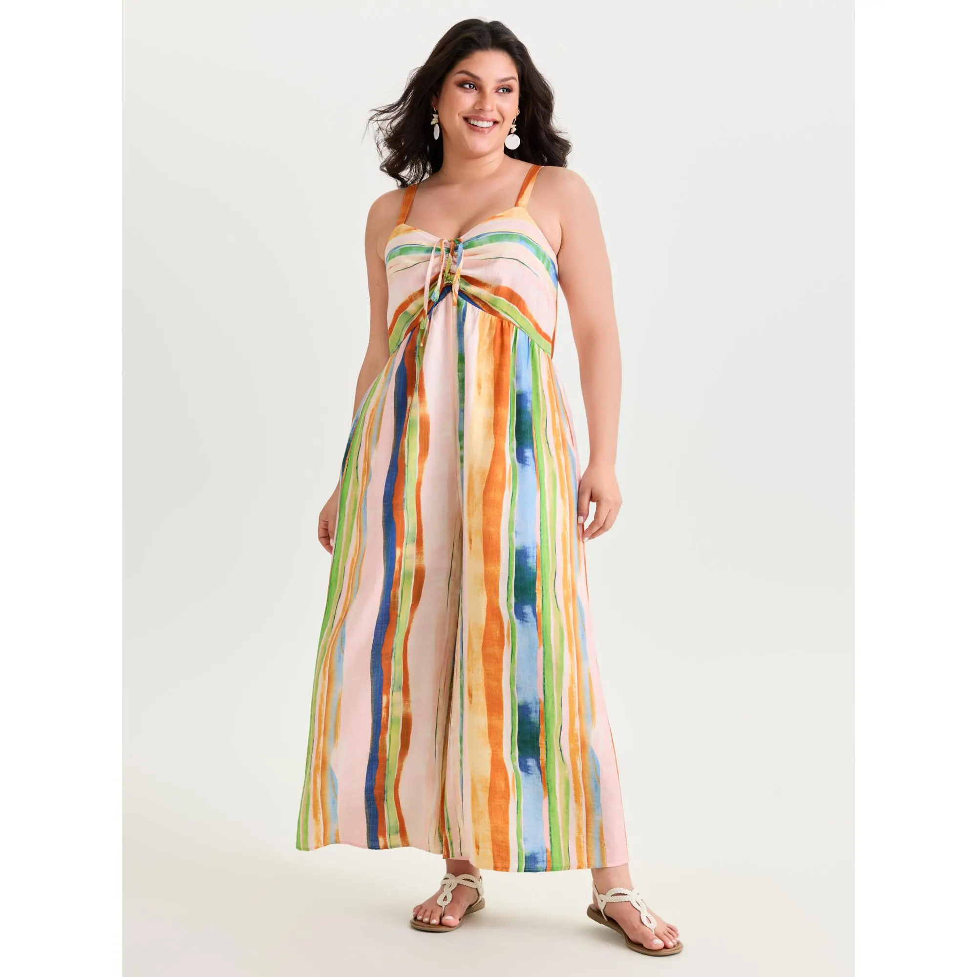 BloomChic Plus Size Bohemian Striped Jumpsuit, Multicolor Ruched Rayon Blend with a Comfortable Fit and Side Pocket, Fabric, Smooth, Low Iron, Polyester, Garment, Nylon, Comfortable Cut, Cold Wash, Do Not Tumble Dry