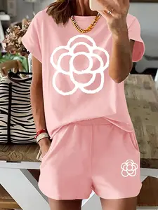 Two-Piece Set Women's Floral Flower Print Tee & Shorts Set, Casual Fitted Round Neck Short Sleeve T-shirt & Shorts, Ladies Summer Clothes, Casual Fashion Set, Womenswear