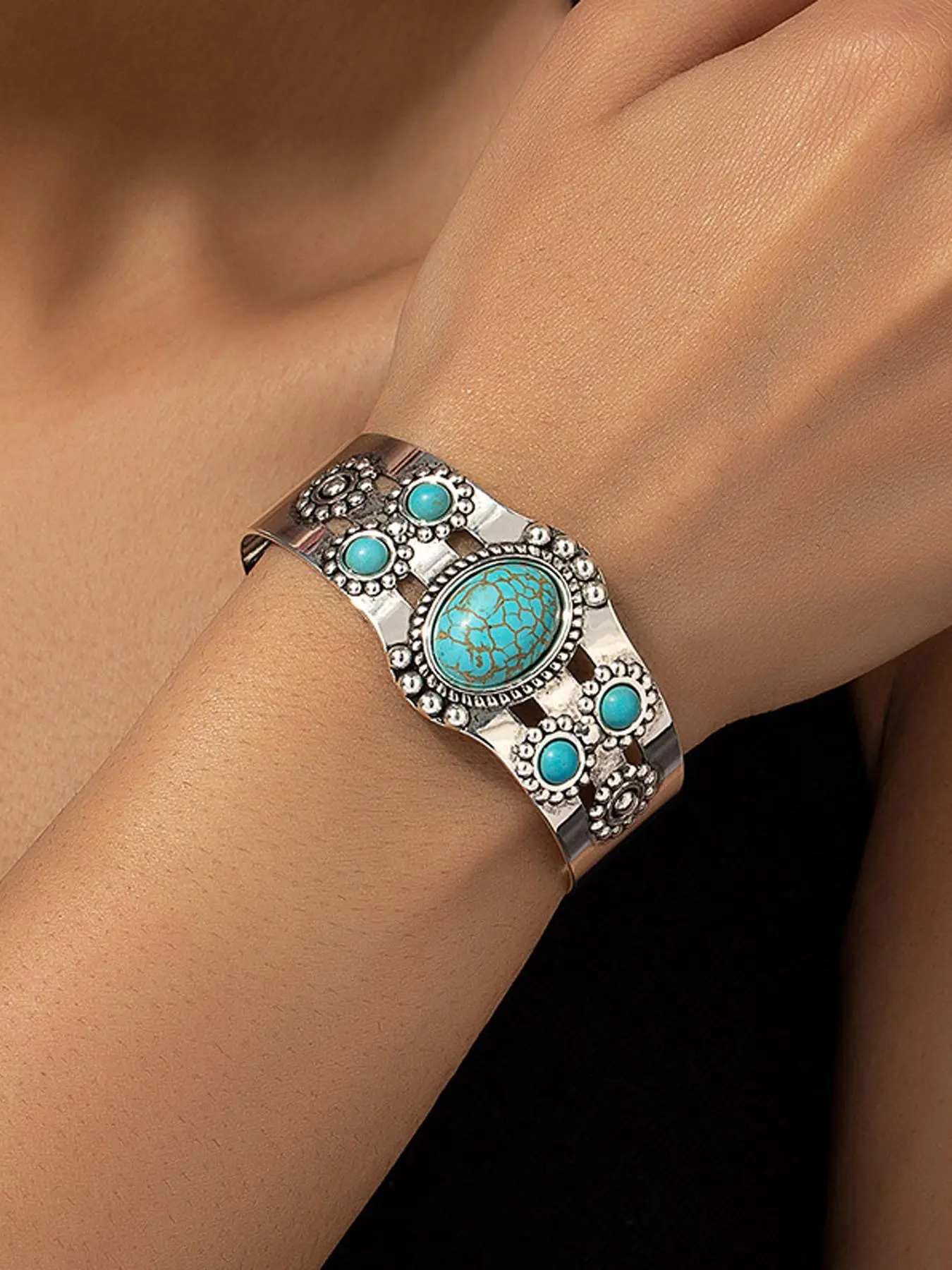 Boho Style Turquoise Decorated Cuff Bangle, Boho Style Bangles, Vintage Style Adjustable Open Bangle for Women & Girls, High Quality Bohemian Bracelets, Trendy All-match & Exquisite Jewelry for Birthday Gift, Stackable Bracelets