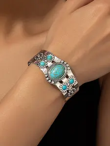 Boho Style Turquoise Decorated Cuff Bangle, Vintage Style Adjustable Open Bangle for Women & Girls, Trendy All-match & Exquisite Jewelry for Birthday Gift, Stackable Bracelets
