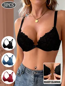 🔥3 Pack French Lace Front Closure Bras for Women, Easy On/Off Underwire Push Up Lift Racerback Bra, Anti-Sagging Side Support No Dig Adjustable Straps Breathable Everyday Bra