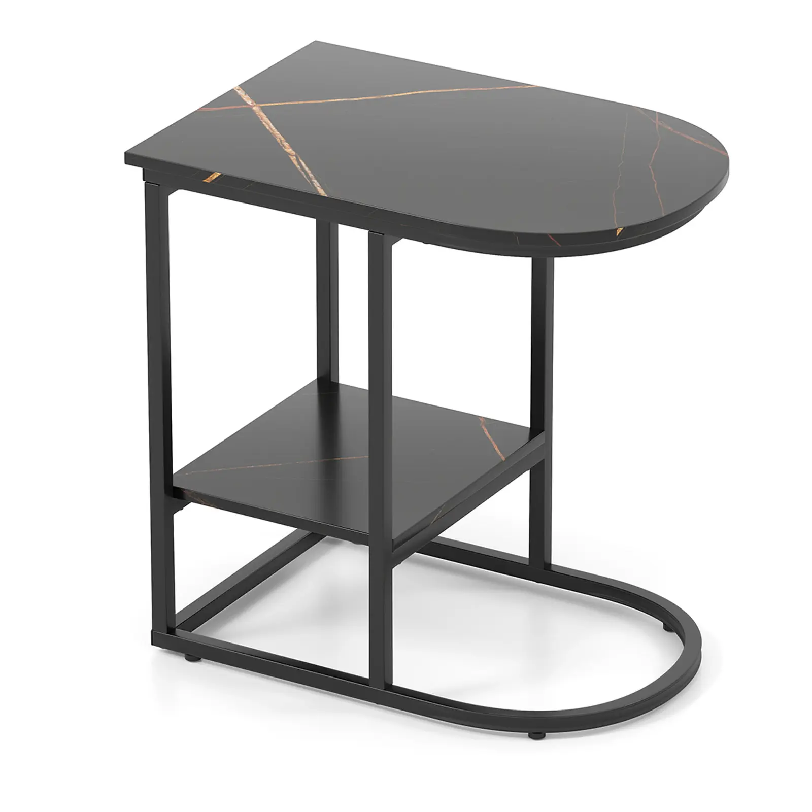 COSTWAY - C-shaped Modern Sofa Side Table with Faux Marble Tabletop and Storage Shelf-Black
