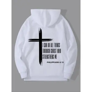 Men's Christ Cross & Letter Print Drop Shoulder Hoodie, Fashion Casual Regular Fit Drawstring Pocket Hooded Sweatshirt for Daily Holiday Outdoor Wear, Men Clothing for Fall & Winter, Winter Apparel, Mens Clothing