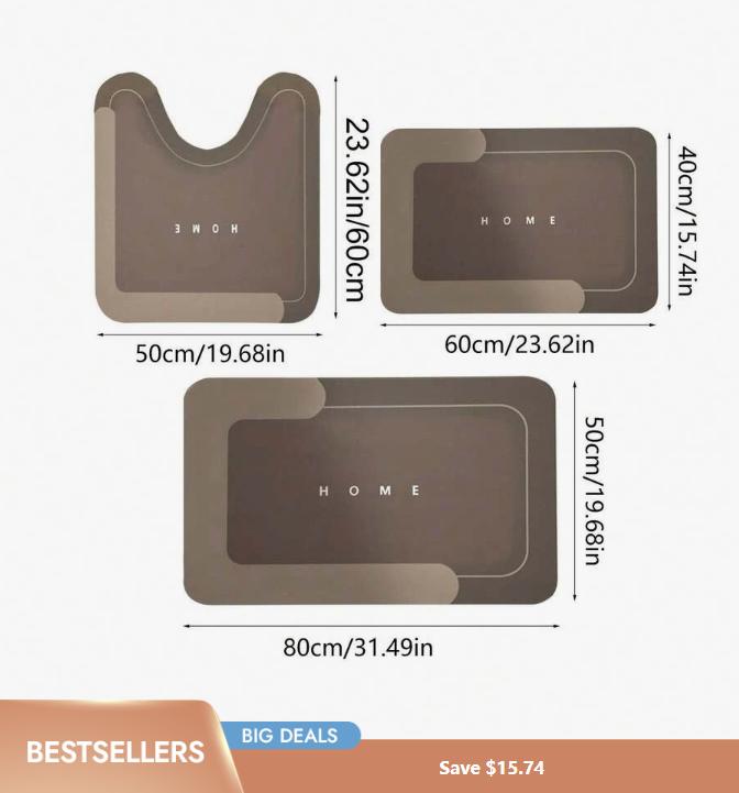 3-Piece HOME Design Bathroom Mat Set, Super Absorbent Microfiber Bath Rugs, Non-Slip Machine Washable U-Shaped Contour & Rectangular Floor Mats For Shower, Toilet, Hotel & Dorm