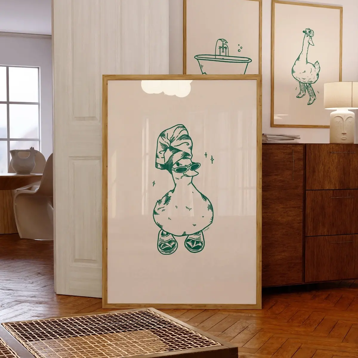 Vintage art | cool duck in slippers art print green | retro print | bathroom wall art | duck print | trendy decor | funky| Frameless Poster