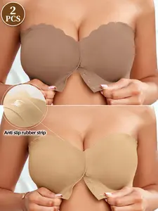 Women's Seamless Strapless Bra, Front Buckle Design, Medium Support, Plain Pattern, Lined, All Seasons, Sexy Fitted Bra