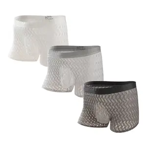 Men's 3 Pack Boxer Trunks Underwear Summer Lightweight Breathable Jacquard Mesh Underpants with 3D Pouch Soft Stretch Waistband Seamless Leg Openings Light Camellia Scent Gray White