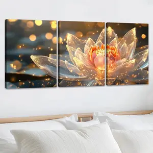 Lotus Pattern Wall Art, 3 Counts/set Wooden Framed Canvas Painting, Wall Decor for Home Living Room Bedroom Office