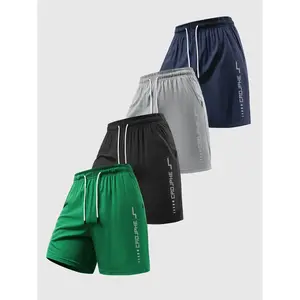 4 Piece Sport Shorts Set, Gym Training Outdoor Running, Fitness Run Enthusiasts, Vertical Letter Lightning Pattern, Quick-Dry Breathable Fabric, Athletic Wear Shorts