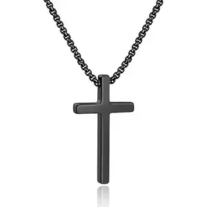 M MOOHAM Cross Necklace for Men, Silver Black Gold Stainless Steel Plain Cross Pendant Necklace for Men Box Chain 16-30 Inch M MOOHAM