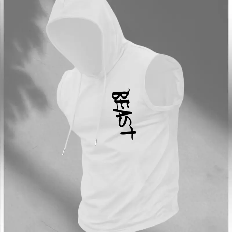 Men's God Print Hooded Tank Top Vest, Regular Fit Casual Sleeveless Top for Summer, Men's Top for Daily Wear, Sweatshirts