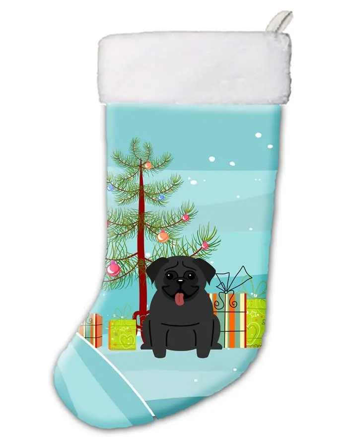 Black Christmas Stocking with Pug Artwork, Festive Christmas Tree Home Decor