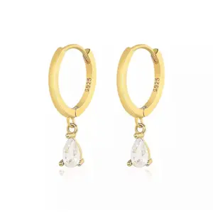Water Drop Hoop Earrings - Gold with Clear Stone, Simple Design, Ideal for Everyday Wear