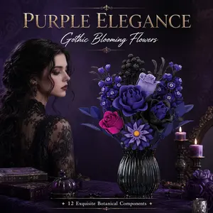 Gothic Purple Rose Bouquet Construction Set - Lego-Compatible Decorative Flower Arrangement, Home Decor, Ideal Halloween Gift for Adults & Teens