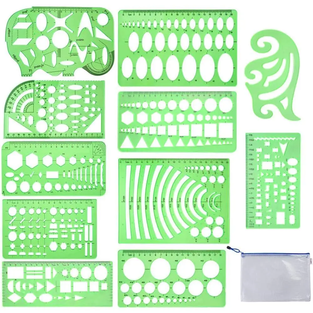11 Pieces Geometric Drawings Templates Stencils Plastic Measuring Template Rulers Clear Green Shape Template for Drawing Engineering Drafting Building School Office Supplies