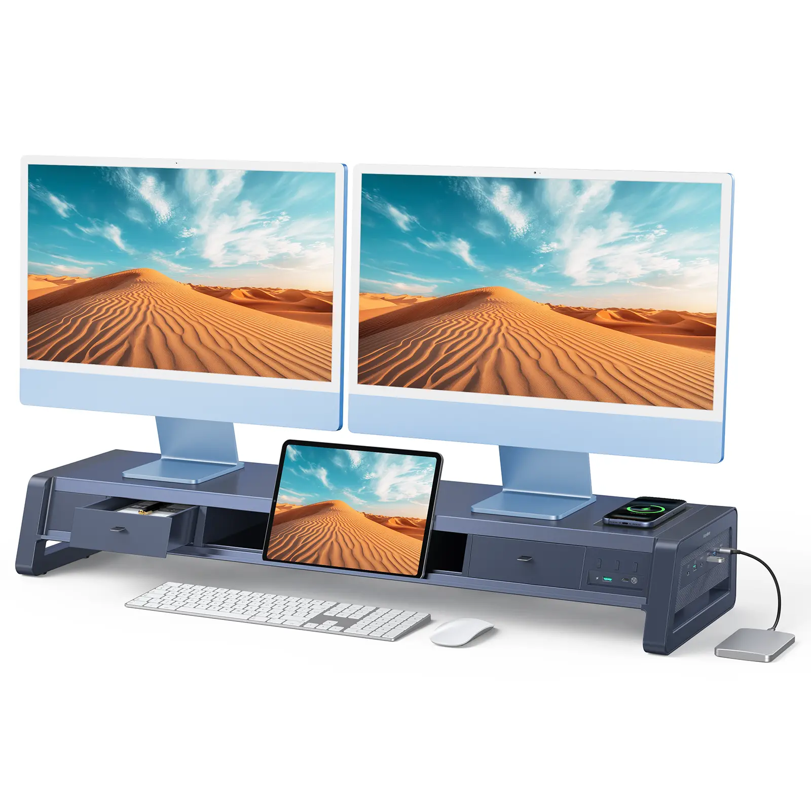 Vaydeer Metal Dual Monitor Stand Riser - 8 USB Ports, Wireless Charging Pad, 2-Storage Desk Organizer, Ergonomic Desk Accessories for PC/iMac, Neck Pain Relief, Office Setup