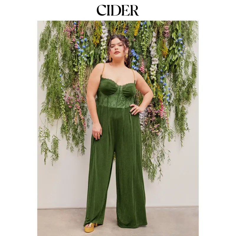 Cider [3 colors, size 0-26] Solid Lace Corset Chain Cross Wide Leg Jumpsuit Curve & Plus