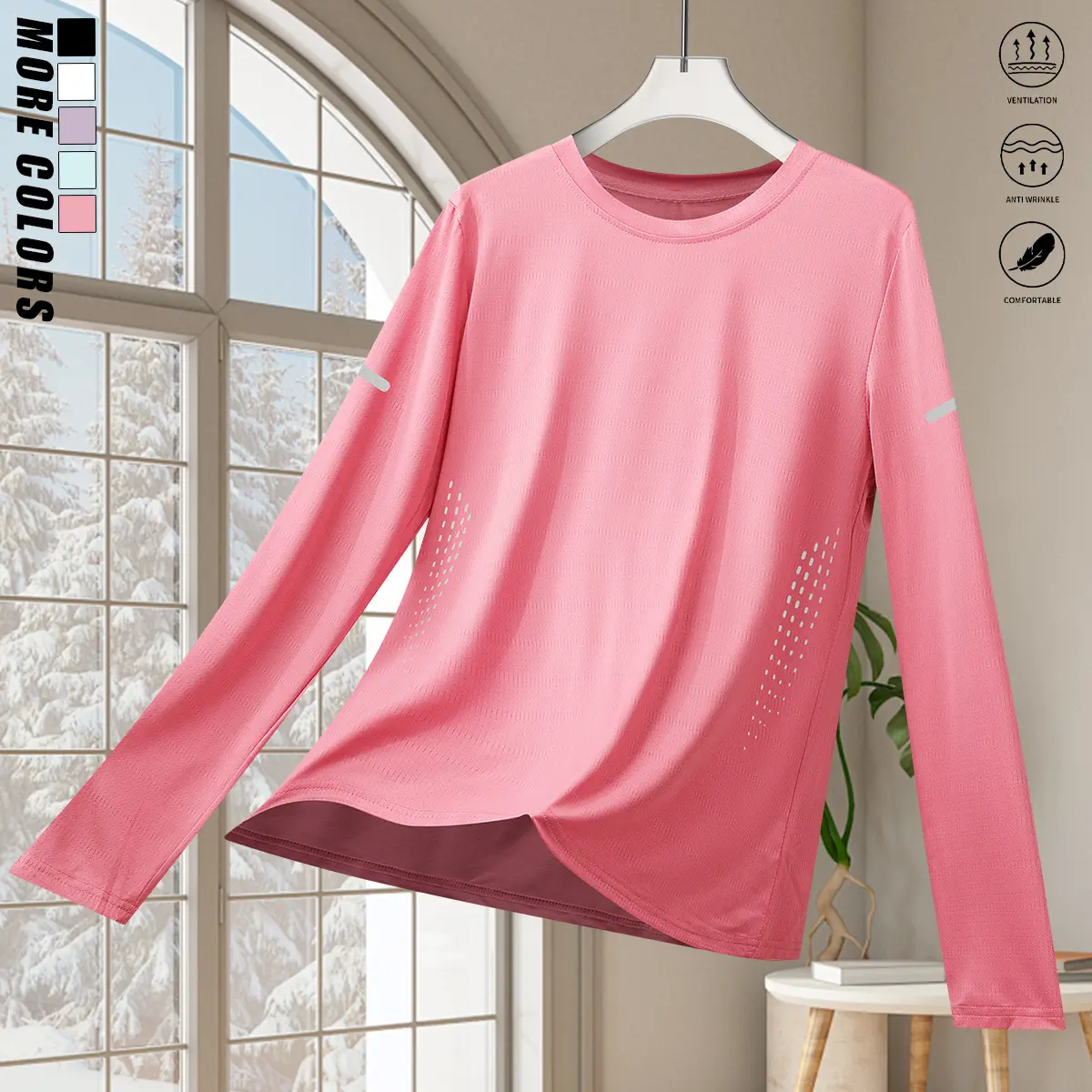 Women’s Gradient Long-Sleeve T-Shirt — Breathable athletic top with reflective stripe design, crew neck all-season sports shirt suitable for running, workouts, and everyday casual wear — A must-have for fashionable women’s activewear