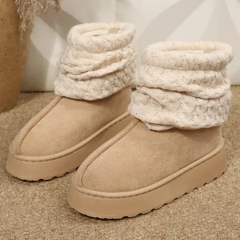 Women’s Short Knit Cuff Snow Boots Upper Platform Sole Warm Lining Indoor Outdoor House Shoes for Winter Casual Outdoor Wear Footwear Classic