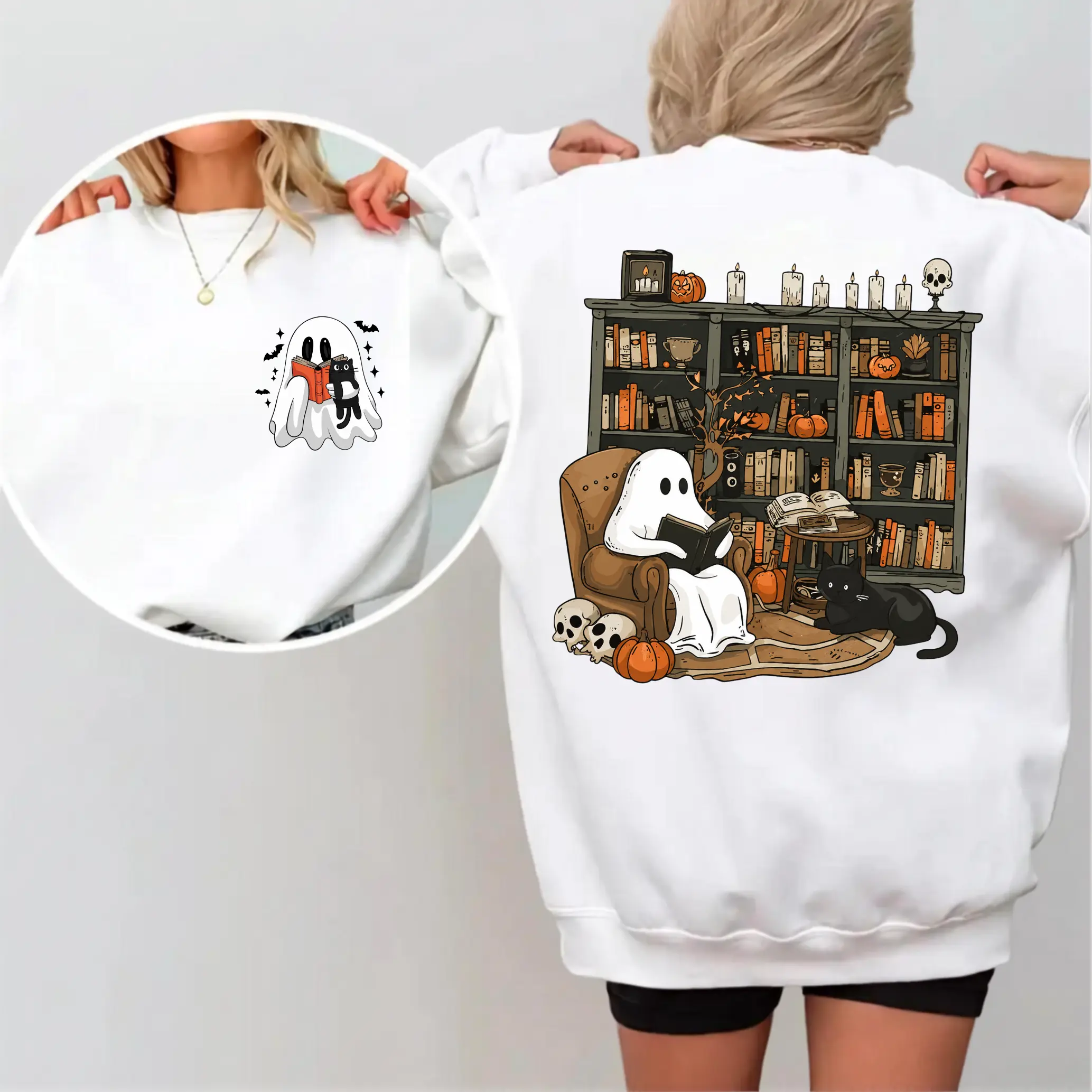 Ghost Reading Sweatshirt, Halloween Book Lover and Spooky Library Ghost Sweatshirt, Cute Ghost Book Club Sweatshirt, Cozy Fall Graphic pullover | GHINI