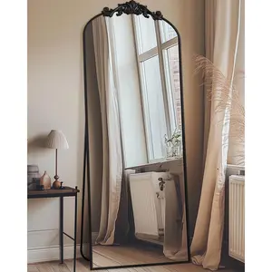 Antok Arched Full Length Mirror, 65"x24" Floor Mirror with Carved, Full Body Mirrors for HomeDecor, Standing/Halling Large Wall Mirror for Bedroom, Living Room, Cloakroom, Black, Retro Style